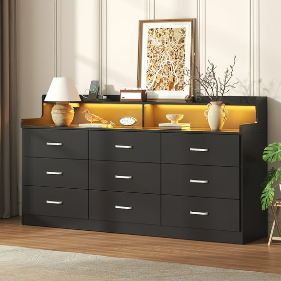 Frmobepts 9 Drawers Dresser, 63" Black Drawer Dresser with Power Outlet, Accent Chests of Drawers with LED Light, Modern Storage Dresser for Bedroom, Living Room