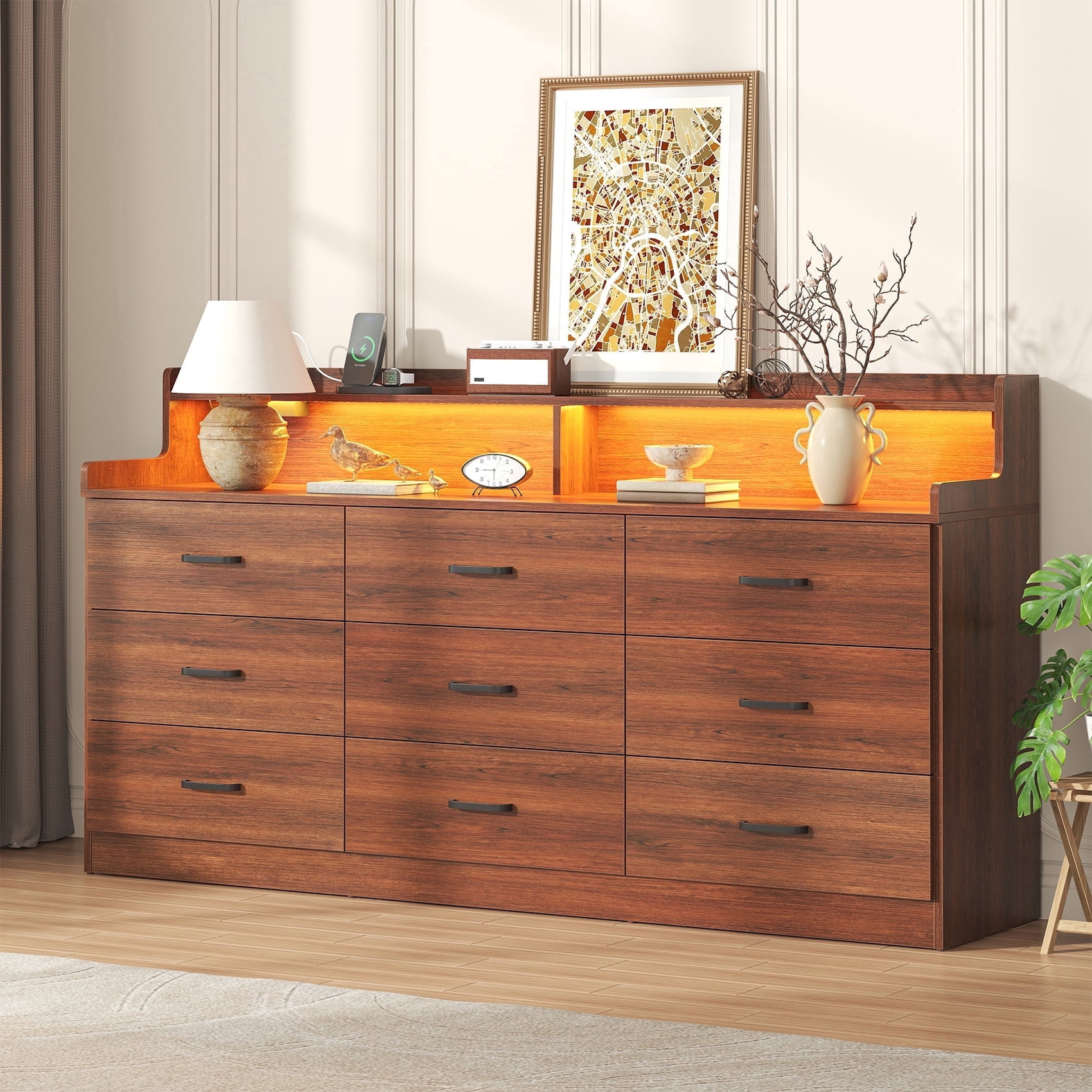 Frmobepts 9 Drawers Dresser, 63" Brown Drawer Dresser with Power Outlet, Accent Chests of Drawers with LED Light, Modern Storage Dresser for Bedroom, Living Room