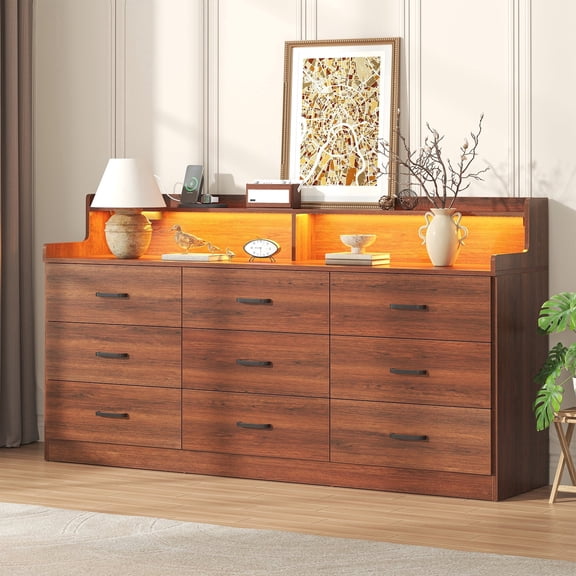Frmobepts 9 Drawers Dresser, 63" Brown Drawer Dresser with Power Outlet, Accent Chests of Drawers with LED Light, Modern Storage Dresser for Bedroom, Living Room