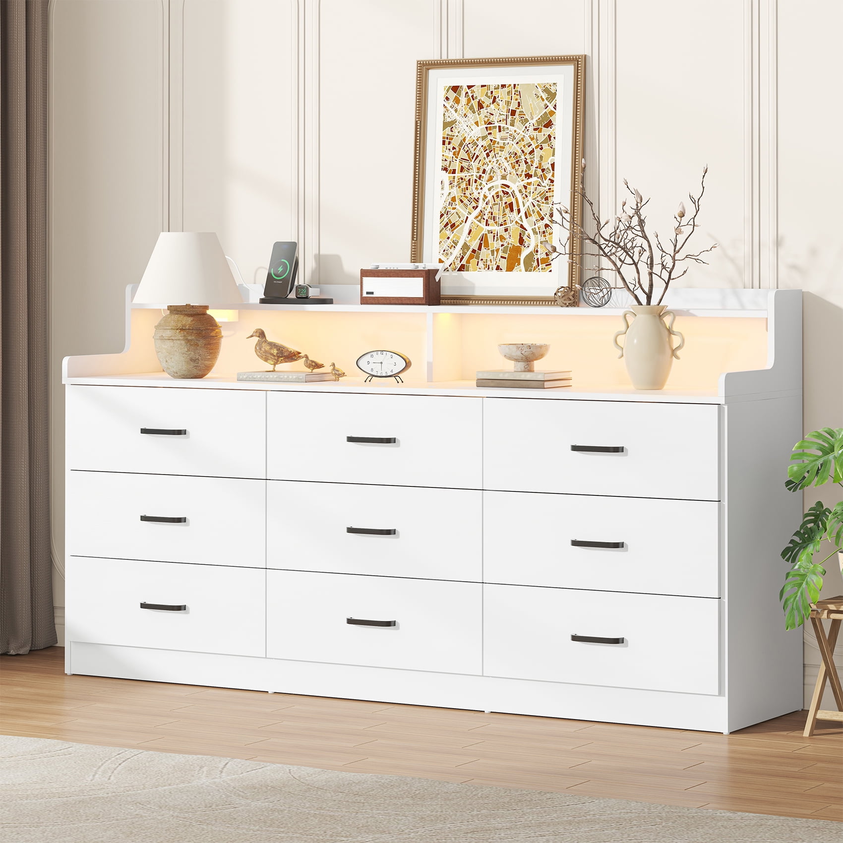 Frmobepts 9 Drawers Dresser, 63" White Drawer Dresser with Power Outlet, Accent Chests of Drawers with LED Light, Modern Storage Dresser for Bedroom, Living Room