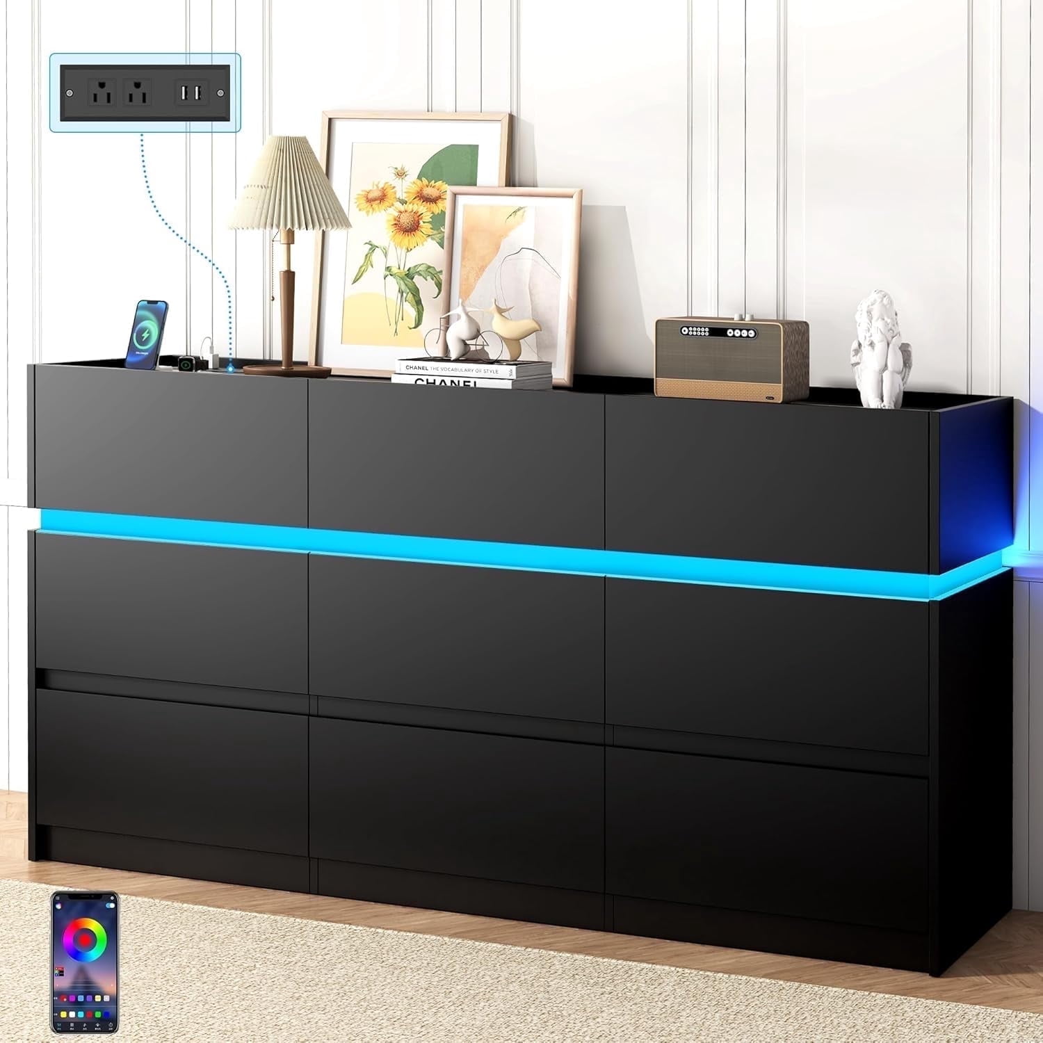 led black dresser Latitude Run Luxury Upholstered Panel Bedroom Set with Wingback Headboard in Black Pieces Included: 6 Piece