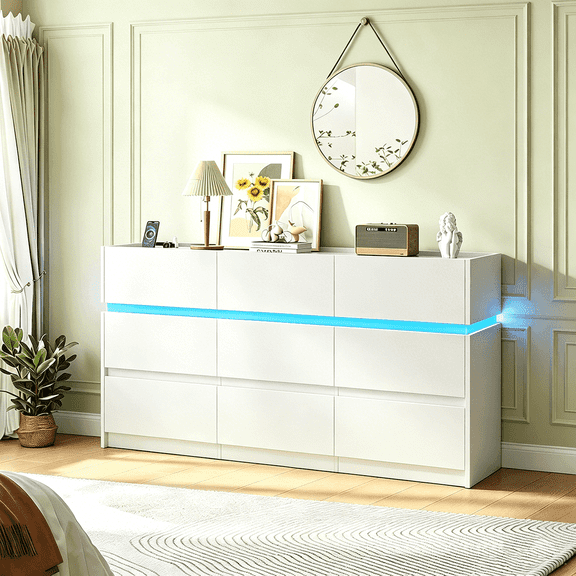 Frmobepts 9 Drawers Dresser with LED Lights and Charging Station, Modern Storage Tower Dressers and Chests of Drawers for Bedroom, Living Room, Entryway, White