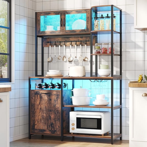 Frmobepts Bakers Rack with Power Outlet and LED Light, 42.5 Inch Farmhouse Coffee Bar Cabinet, Kitchen Microwave Stand with Storage and 8 Hooks, Rustic Brown
