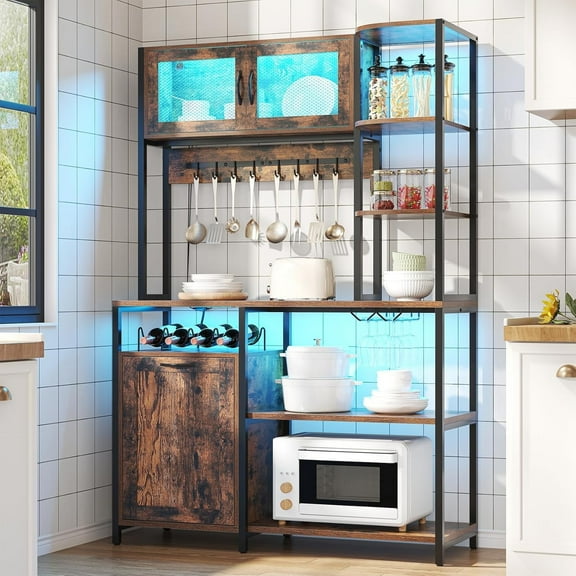 Frmobepts Bakers Rack with Power Outlet and LED Light, 42.5 Inch Farmhouse Coffee Bar Cabinet, Kitchen Microwave Stand with Storage and 8 Hooks, Rustic Brown