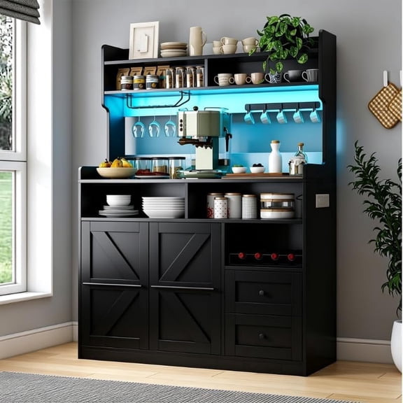 Frmobepts Bar Cabinet for Home with LED Light, Coffee Bar Cabinet with Wine & Glass Rack, Wine Cabinets with Drawers & Microwave Stand, Modern Liquor Cabinets for Kitchen, Living Room, Dining Room