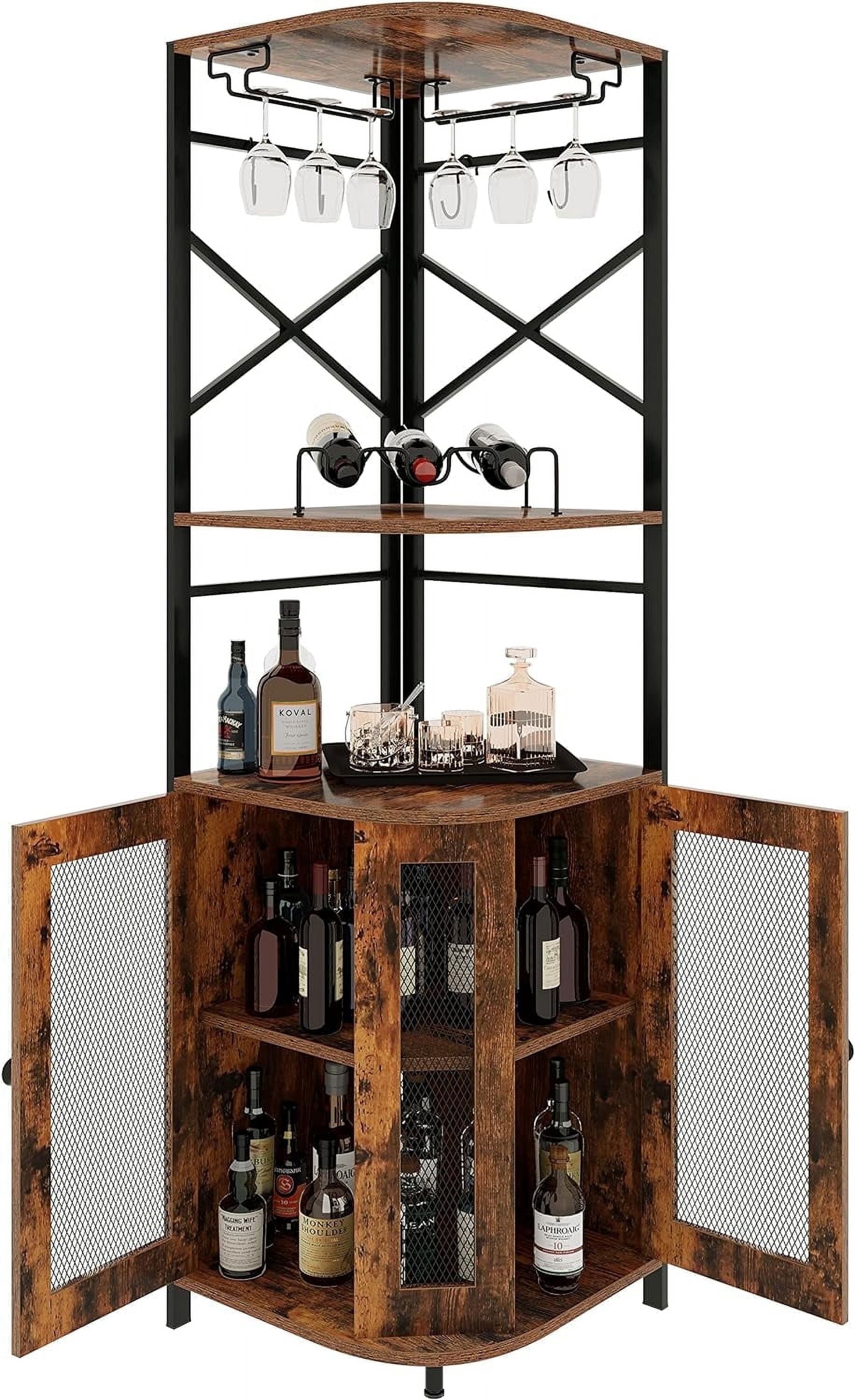 Frmobepts 6 Tier Corner Bar Cabinet with Glass Holder, Storage Cabinet with Door and Shelves , Corner Shelf with Wine Rack Display Shelves, Rustic Brown