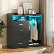 Frmobepts Black Dresser for Bedroom with Clothing Rack,Dressers& Chests of Drawers,4 Drawer Dresser with LED Lights,Modern Long Led Dresser for Bedroom Closet