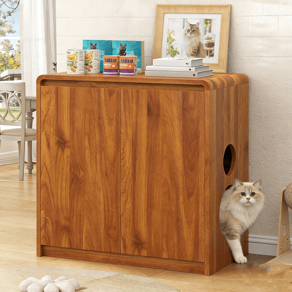 Frmobepts Cat Litter Box Enclosure, Hidden Litter Box Cabinet Furniture, Indoor Cats House, Farmhouse Style, 31.5"W x 17.7"D x 31.5"H, for Hallway, Bedroom,Brown