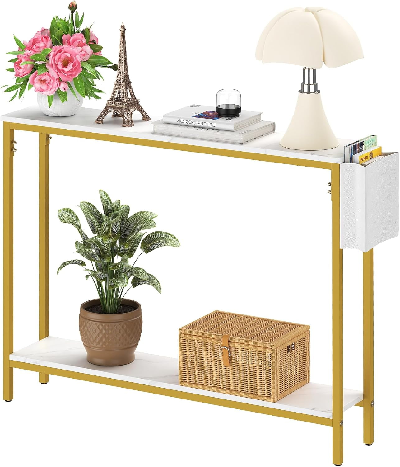Frmobepts Console Table for Entryway, 2 Tier Entryway Table Bookshelf Accent Table With Storage Shelf Living Room Entry Hall Foyer Table Furniture, Marble White