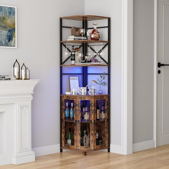 Frmobepts Corner Bar Cabinet with Power Outlet, 6-Tiers Industrial Wine Cabinet with LED Strip and Glass Holder for Living Room, Kitchen, Rustic Brown