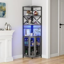 Frmobepts Corner Bar Cabinet with Power Outlet, 6-Tiers Industrial Wine Cabinet with LED Strip and Glass Holder for Living Room, Kitchen, Grey