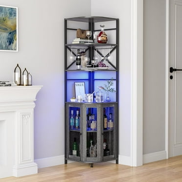 Frmobepts Corner Bar Cabinet with Power Outlet, 6-Tiers Industrial Wine Cabinet with LED Strip and Glass Holder for Living Room, Kitchen, Grey