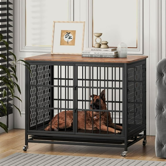 Frmobepts Dog Crate Furniture, 42'' Large Wooden Indoor Dog Cage Table with Sliding & Lockable Doors for Medium Dogs, Retro