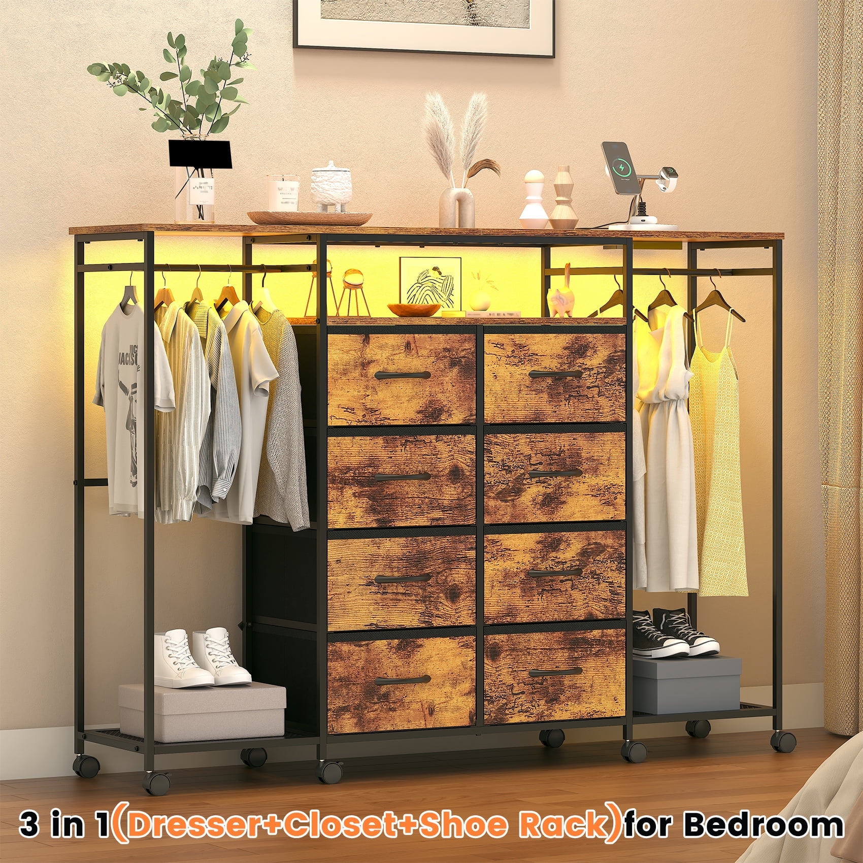 Frmobepts Dresser with Clothes Rack, 8 Drawers Dresser with Charging Station & LED Lights, Brown Storage Unit with Wheels for Bedroom, Closet