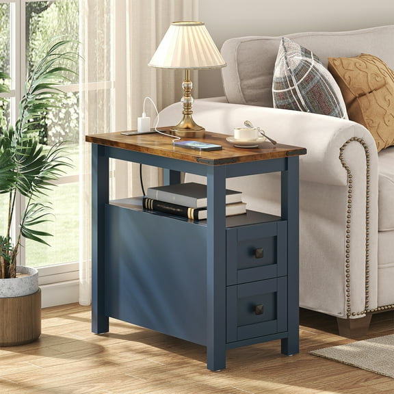 Frmobepts End Table with Charging Station, Farmhouse Rustic Wood Side Table for Living Room, Bedroom, Blue