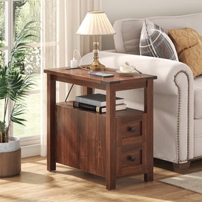 Frmobepts End Table with Charging Station, Farmhouse Rustic Wood Side Table for Living Room, Bedroom, Cherry