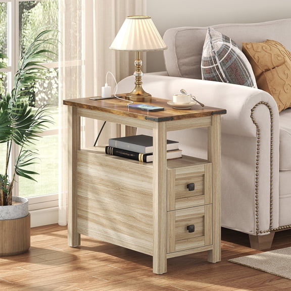 Frmobepts End Table with Charging Station, Farmhouse Rustic Wood Side Table for Living Room, Bedroom, Oak