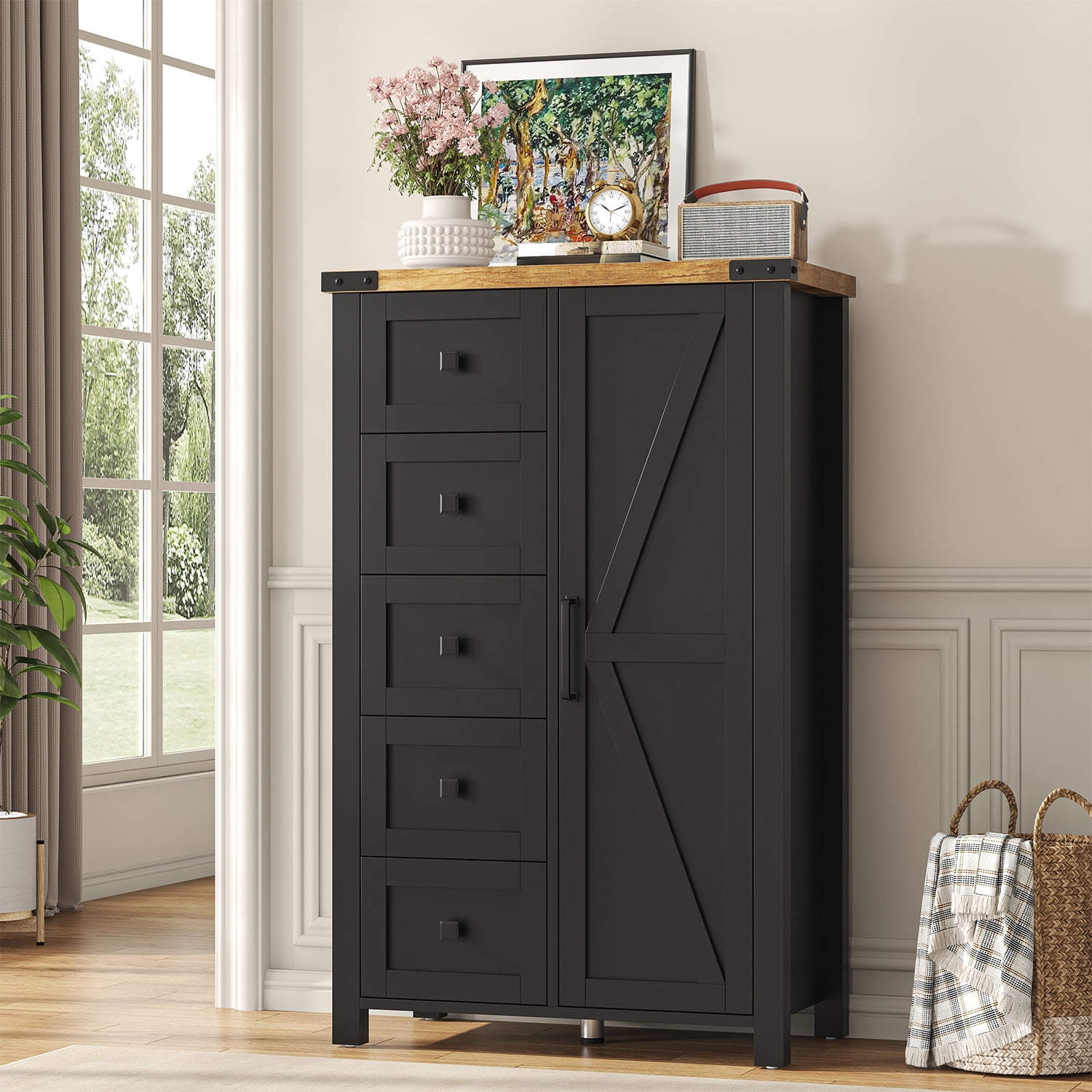 Frmobepts Farmhouse 5 Drawer Dresser with Barn Door, Adjustable Storage Cabinet for Bedroom Living Room, Black