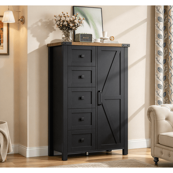 Frmobepts Farmhouse 5 Drawer Dresser with Barn Door, Adjustable Storage Cabinet for Bedroom Living Room, Black