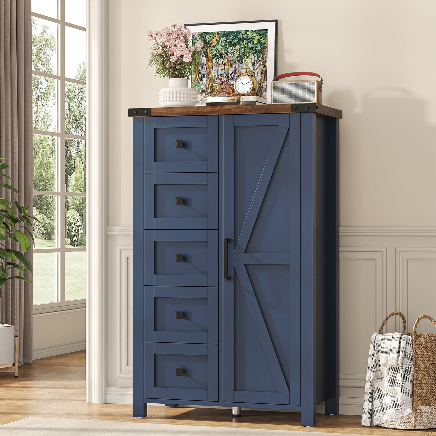 Frmobepts Farmhouse 5 Drawer Dresser with Barn Door, Adjustable Storage Cabinet for Bedroom Living Room, Blue