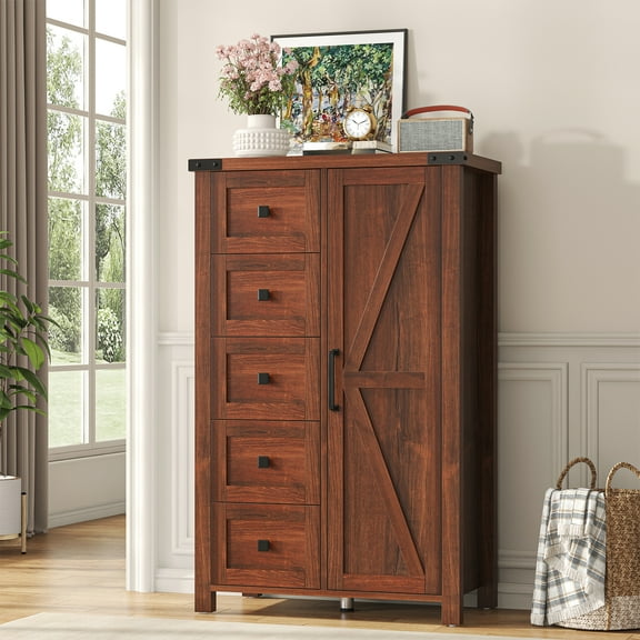 Frmobepts Farmhouse 5 Drawer Dresser with Barn Door, Adjustable Storage Cabinet for Bedroom Living Room, Brown