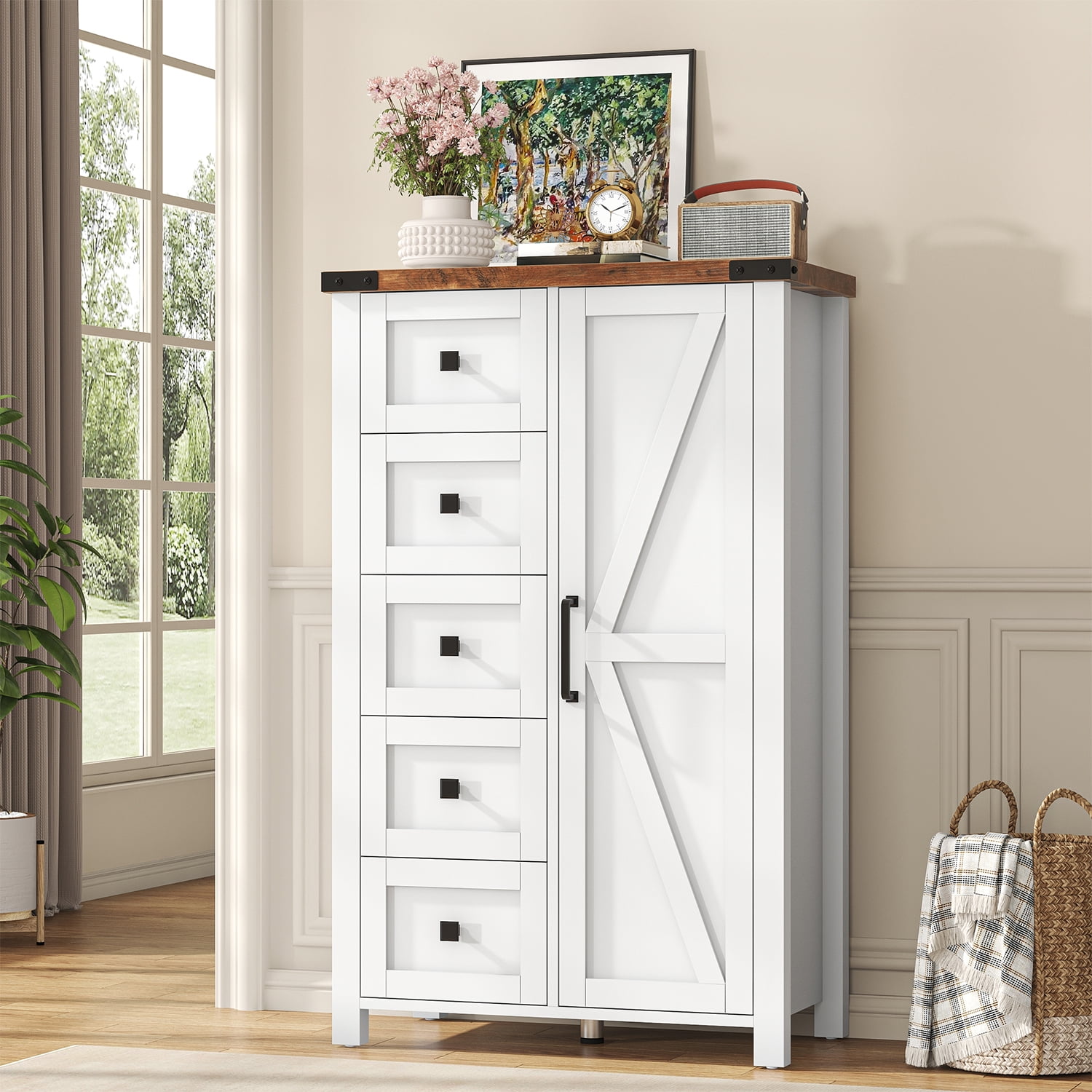 Frmobepts Farmhouse 5 Drawer Dresser with Barn Door, Adjustable Storage Cabinet for Bedroom Living Room, White