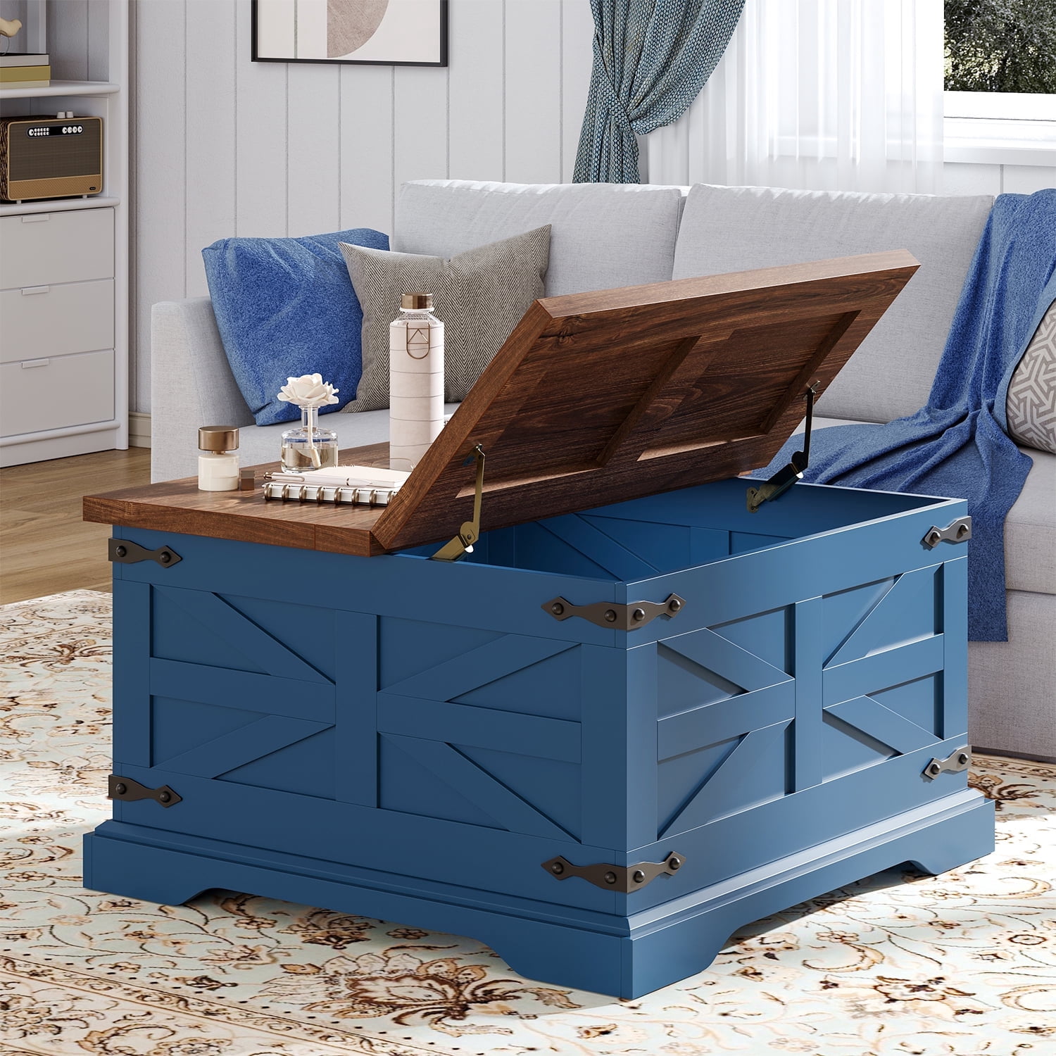 Frmobepts Farmhouse Coffee Table, Square Wood Center Table with Storage and Lift Top, Metal Corners for Living Room, Blue