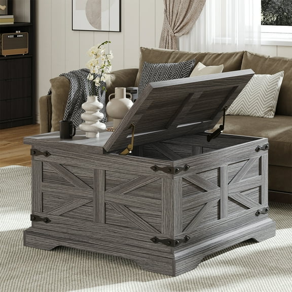 Frmobepts Farmhouse Coffee Table, Square Wood Center Table with Storage and Lift Top, Metal Corners for Living Room, Grey