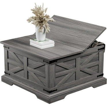 Frmobepts Farmhouse Coffee Table, Square Wood Center Table with Storage and Lift Top, Metal Corners for Living Room, Grey