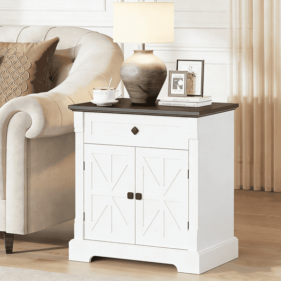 Frmobepts Farmhouse End Table, 29.9" Large End Tables Living Room, Sofa Side Table with Barn Door, Wooden Rectangular Nightstand Bedside Table with Drawer, White