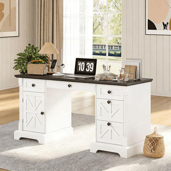 Frmobepts Farmhouse Executive Desk with Drawers, 55" Home Office Desks with Fast Charging Station, Wood Writing Computer Desk for Work, Study, White