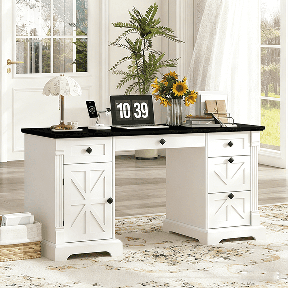 Frmobepts Farmhouse Executive Desk with Drawers, 55" Home Office Desks with Fast Charging Station, Wood Writing Computer Desk for Work, Study, White