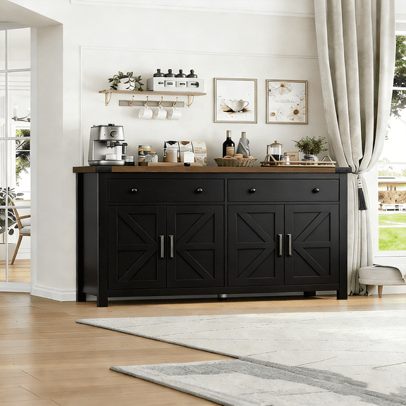 Frmobepts Farmhouse Kitchen Buffet Storage Cabinet, 4-Doors 2 Large Drawer Wood Sideboard Credenza with Adjustable Shelves, Black