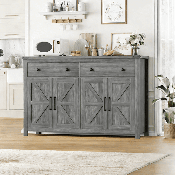 Frmobepts Farmhouse Kitchen Buffet Storage Cabinet, 4-Doors 2 Large Drawer Wood Sideboard Credenza with Adjustable Shelves, Grey