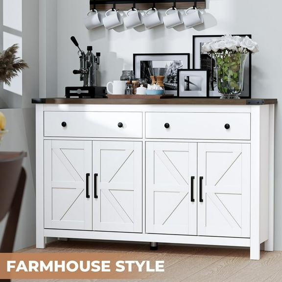 Frmobepts Farmhouse Kitchen Buffet Storage Cabinet, 4-Doors 2 Large Drawer Wood Sideboard Credenza with Adjustable Shelves, White
