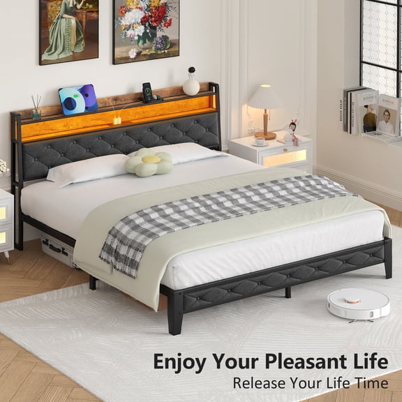 Frmobepts Full Bed Frame with LED Light, Power Outlets & USB Charging Port, Upholstered Headboard with Storage, Metal Platform Bed, Gray
