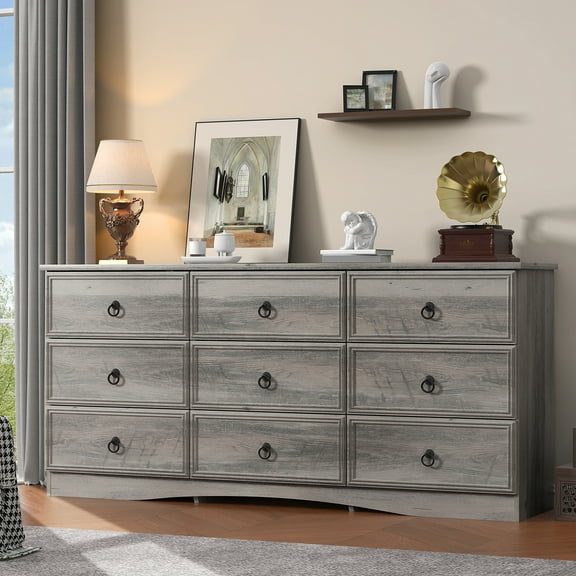 Frmobepts Gray Dresser for Bedroom, Modern Farmhouse Wide 9 Drawer Dresser, Wood Chest of Drawers for Living Room, Bedroom, Hallway