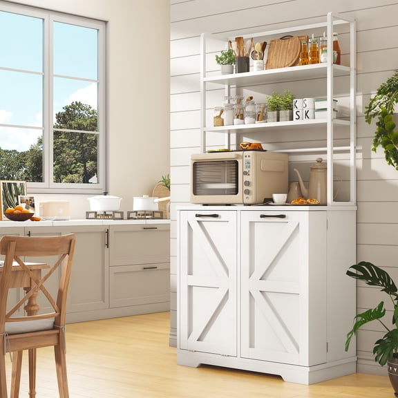 Frmobepts Kitchen Bakers Rack with Storage Shelf,6-Tier Microwave Stand Oven Cabinet With Tilting Trash Holder, Farmhouse Coffee Bar Table Station with Hutch,White