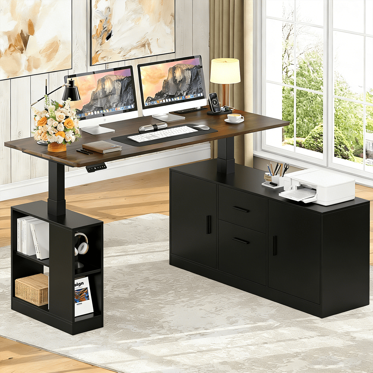Frmobepts L-Shaped Executive Standing Desk with File Cabinet, 55" x 23.6" Electric Height Adjustable Stand up Desk, One-Whole Piece Desktop, Home Office Modern Computer Desk with 3 Memory Presets