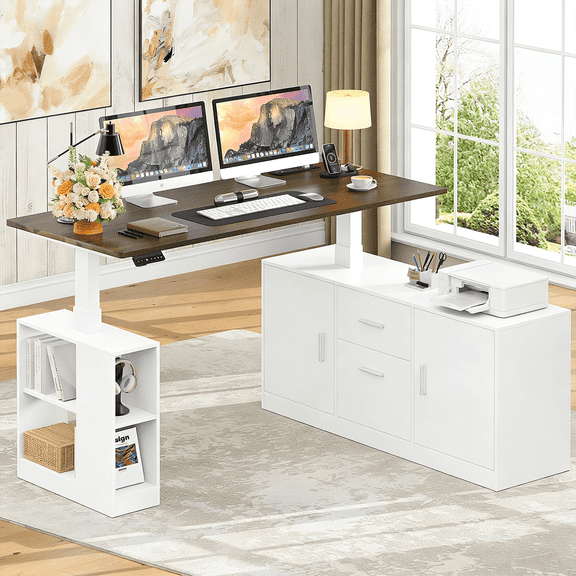 Frmobepts L-Shaped Executive Standing Desk with File Cabinet, 55" x 23.6" Electric Height Adjustable Stand up Desk, One-Whole Piece Desktop, Home Office Modern Computer Desk with 3 Memory Presets