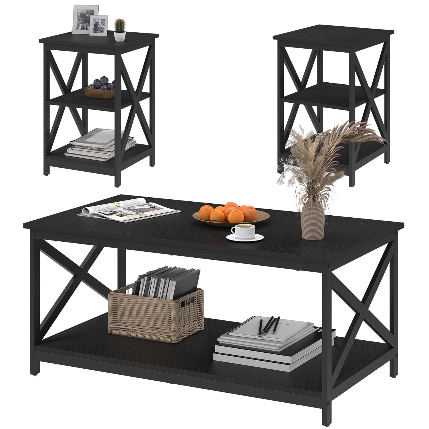 Black Modern 3-Piece Coffee Table and End Tables Set with Storage