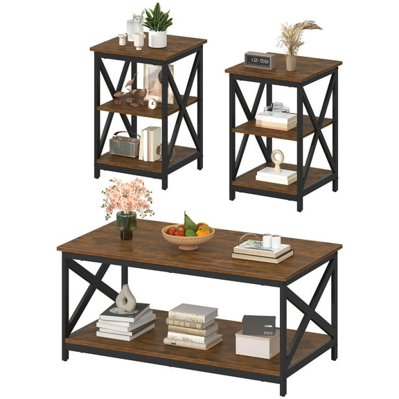 Frmobepts Living Room Coffee Table Set of 3, Modern Coffee Table and 2 End Side Tables, 3 Piece Living Room Table Set with Large Storage for Apartment Home, Retro