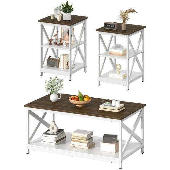 Frmobepts Living Room Coffee Table Set of 3, Modern Coffee Table and 2 End Side Tables, 3 Piece Living Room Table Set with Large Storage for Apartment Home, White Brown