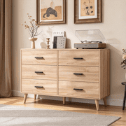 Frmobepts Mid Century Modern Dresser, 6 Drawer Dresser for Bedroom, Wood Dresser with Metal Handles, Light Oak