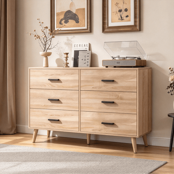 Frmobepts Mid Century Modern Dresser, 6 Drawer Dresser for Bedroom, Wood Dresser with Metal Handles, Light Oak