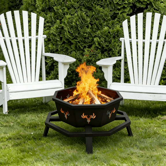 Frmobepts Octagon Wood Fire Pit, 35" Metal Outdoor Firepit for Patio Party Black
