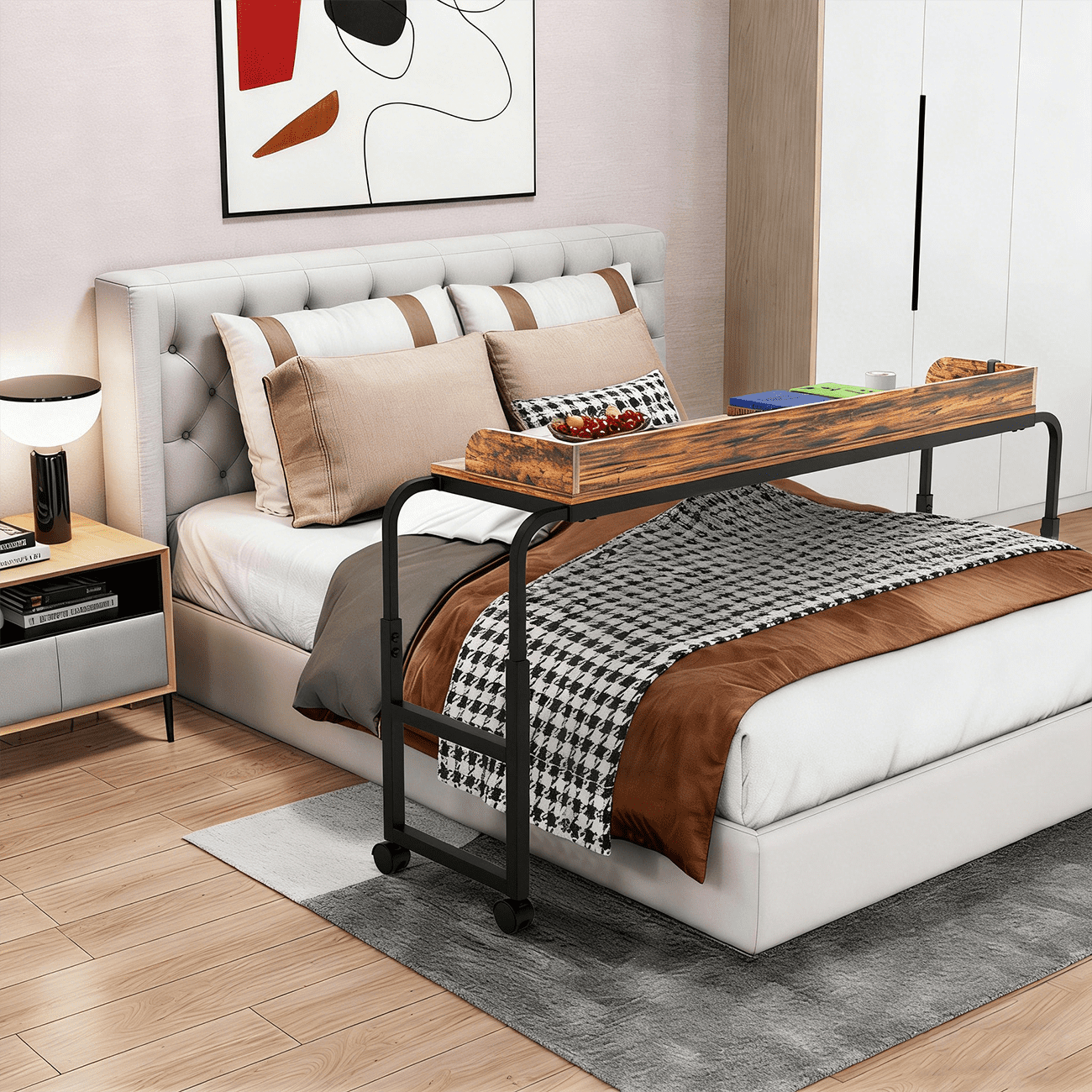 Frmobepts Overbed Table with Wheels, Queen Size Mobile Bed Desk with Adjustable Height and Led Light, Rolling Table, Laptop Table, Recliner Desk, for Bedroom, Living Room, Office,Brown