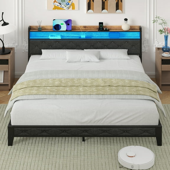 Frmobepts Queen Bed Frame with LED Light, Power Outlets & USB Charging Port, Upholstered Headboard with Storage, Metal Platform Bed, Gray