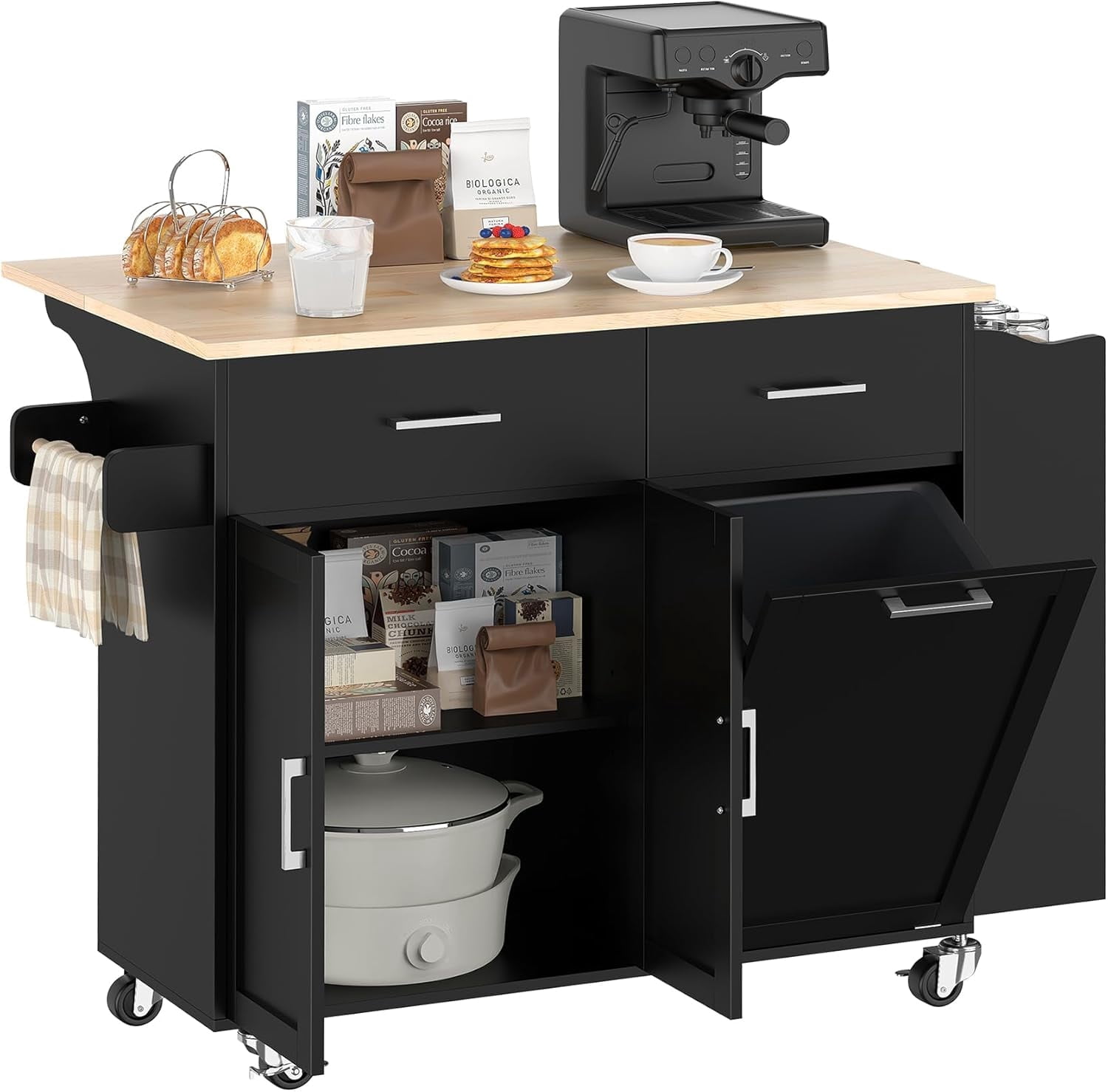 Frmobepts Rolling Kitchen Island with Drop Leaf, Tilt Out Kitchen Trash Cabinet 10 Gallon Storage, Kitchen Cart Island with Rubber wood Top, Spice Rack and Drawers,Black