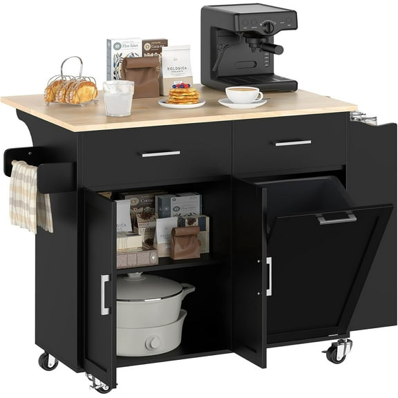 Frmobepts Rolling Kitchen Island with Drop Leaf, Tilt Out Kitchen Trash Cabinet 10 Gallon Storage, Kitchen Cart Island with Rubber wood Top, Spice Rack and Drawers,Black